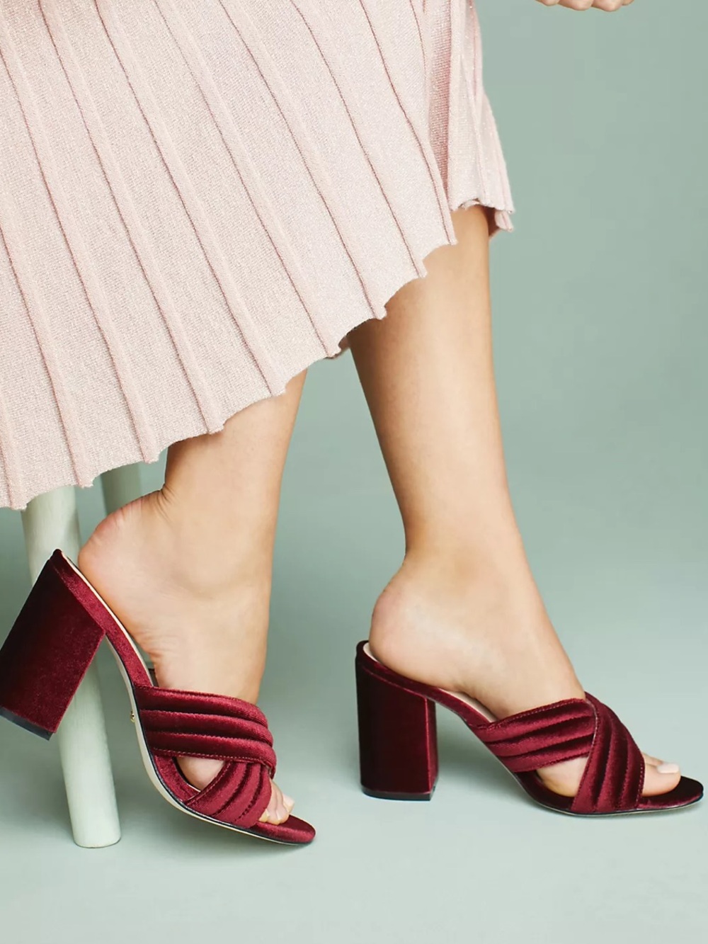 Anthropologie x Raye Bella Wine Red Velvet Mules with Velvet Block Heel size 10